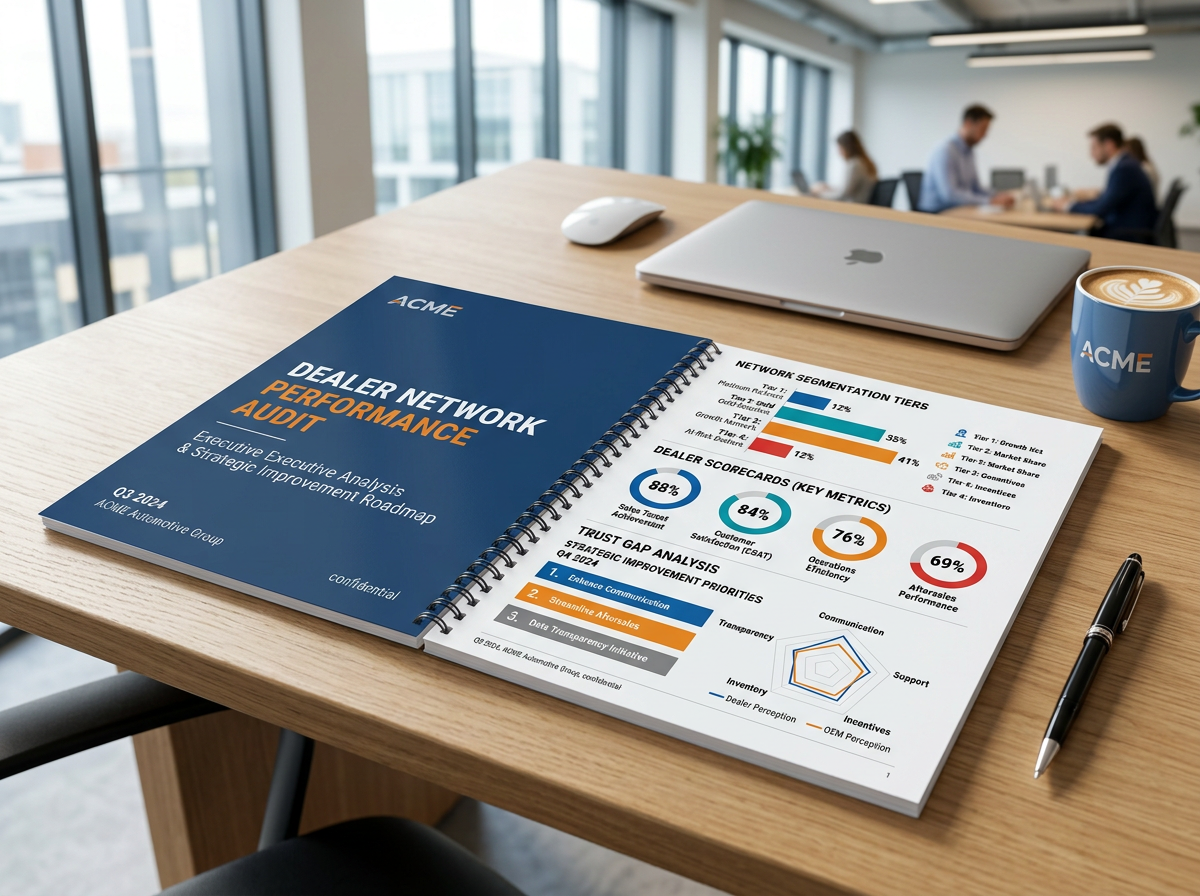 Dealer Network Performance Audit report mockup showing scorecards and improvement priorities